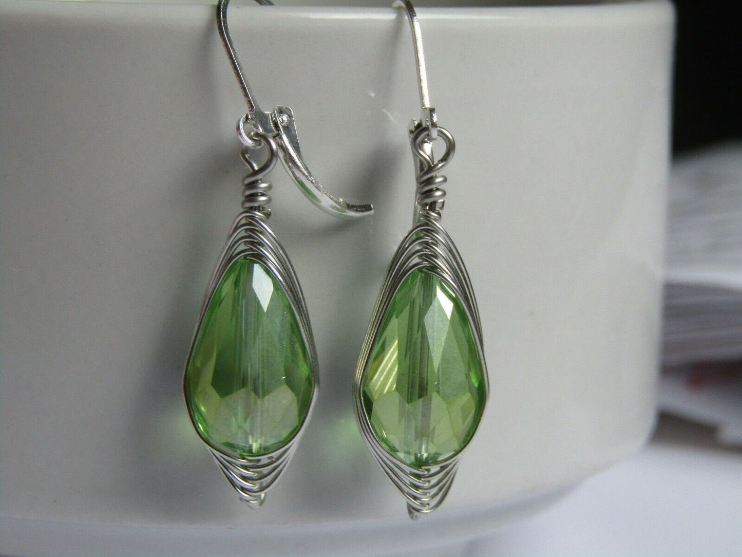 Faceted Light Green Crystal Teardrop Silver Leverback Earrings Usa Handmade - Bad Apple Designs Jewelry