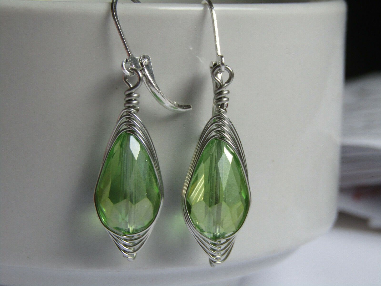 Faceted Light Green Crystal Teardrop Silver Leverback Earrings Usa Handmade - Bad Apple Designs Jewelry