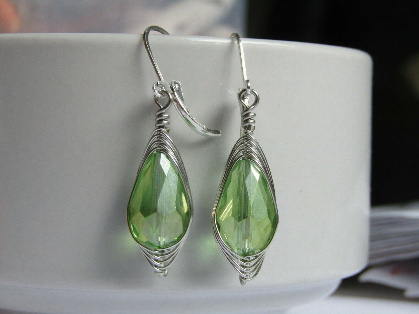 Faceted Light Green Crystal Teardrop Silver Leverback Earrings Usa Handmade - Bad Apple Designs Jewelry