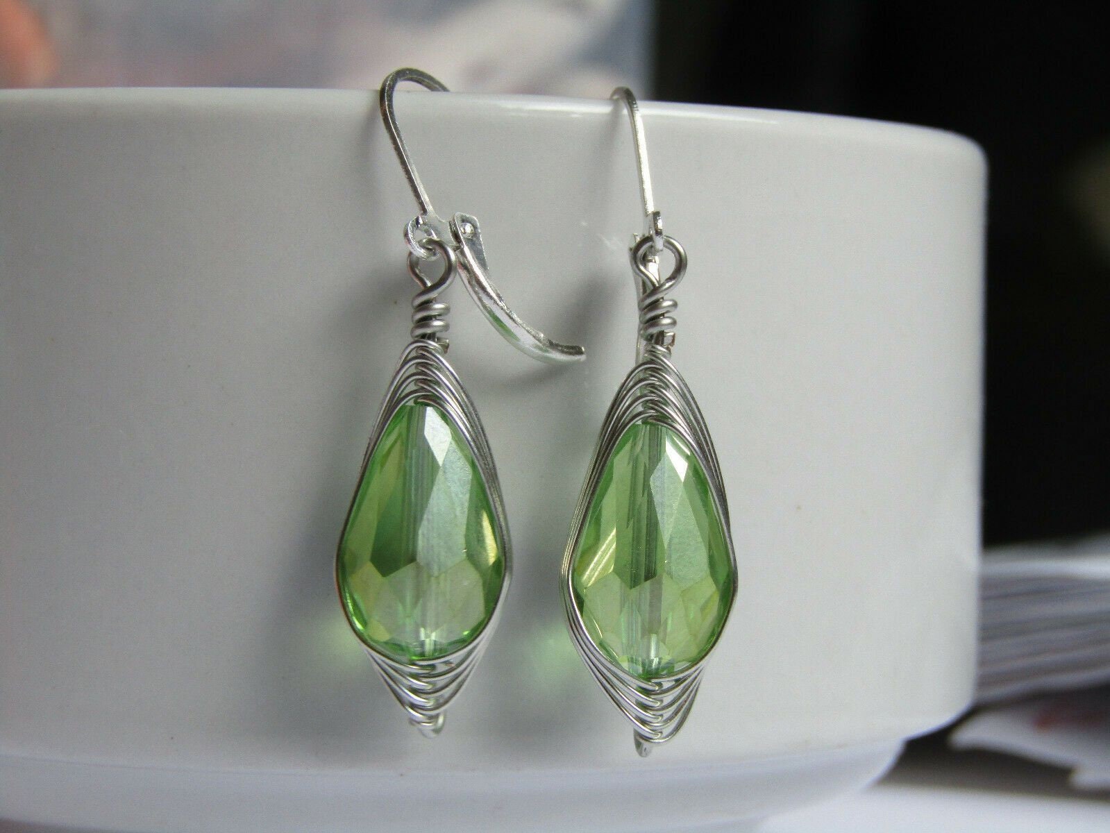 Faceted Light Green Crystal Teardrop Silver Leverback Earrings Usa Handmade - Bad Apple Designs Jewelry
