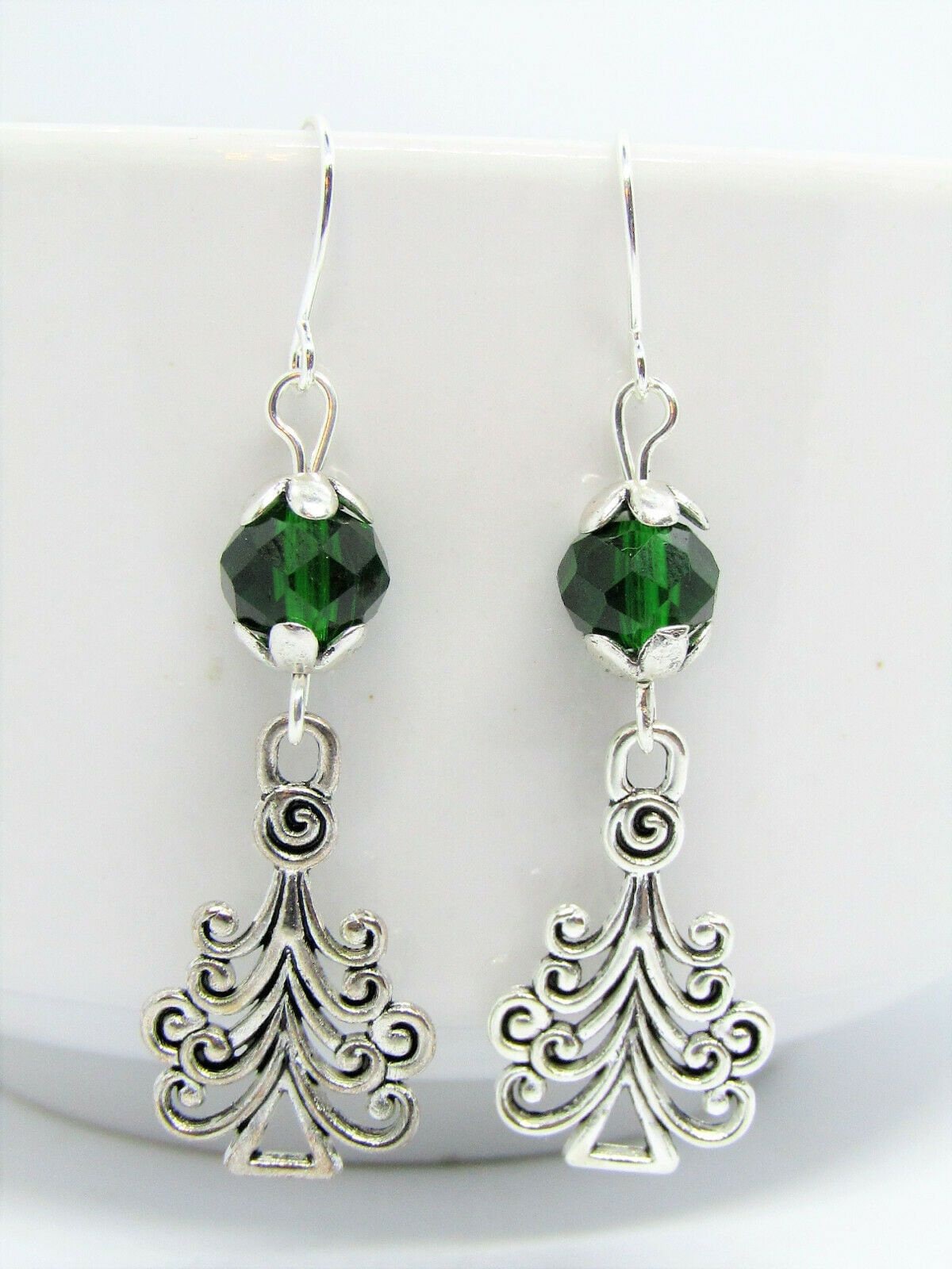 Christmas Tree Charm Green Crystal Silver Dangle Earrings, Holiday Drop Earrings, Festive Jewelry, December Stocking Stuffer