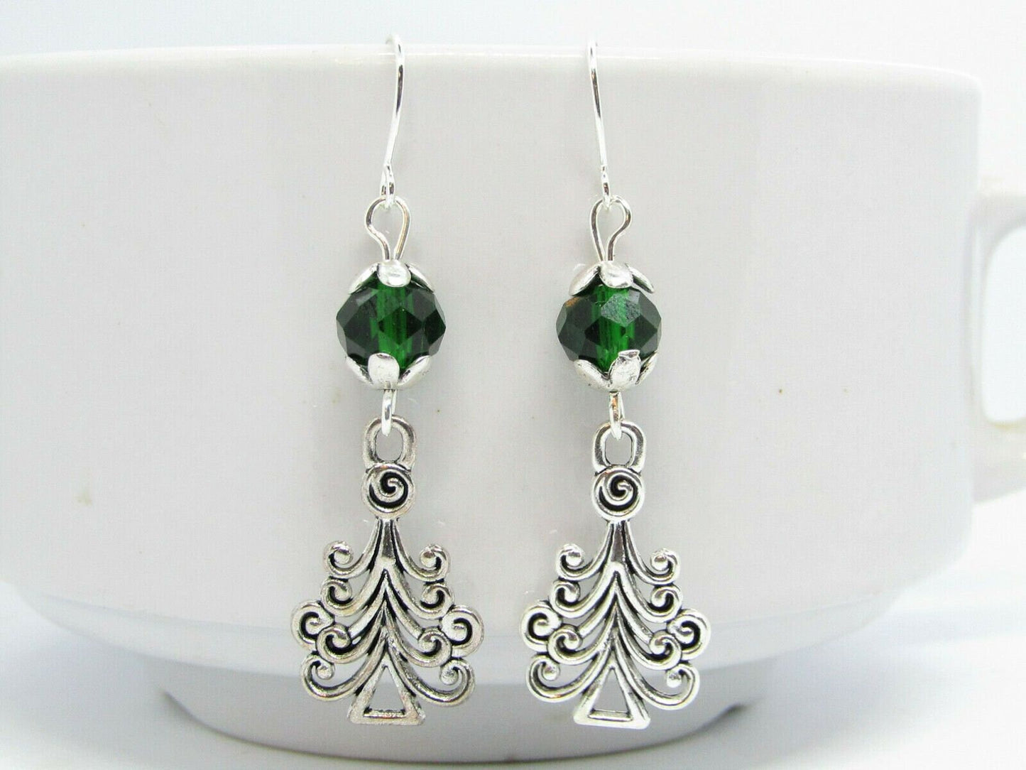 Christmas Tree Charm Green Crystal Silver Dangle Earrings, Holiday Drop Earrings, Festive Jewelry, December Stocking Stuffer