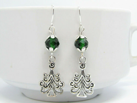 Christmas Tree Charm Green Crystal Silver Dangle Earrings, Holiday Drop Earrings, Festive Jewelry, December Stocking Stuffer