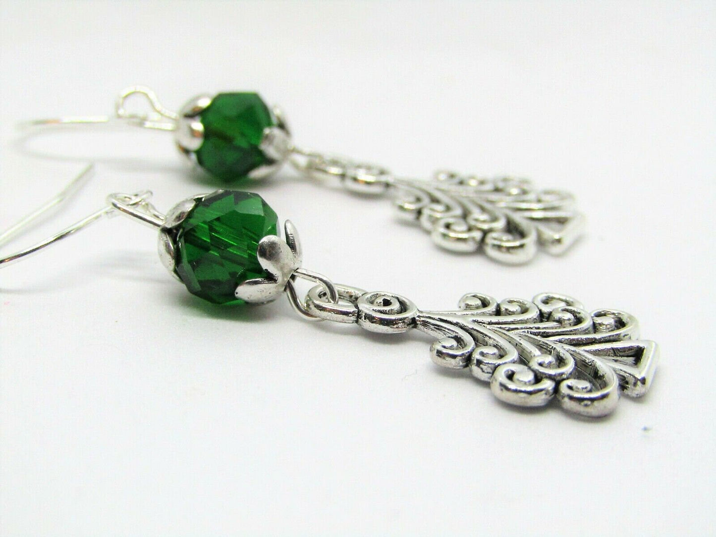 Christmas Tree Charm Green Crystal Silver Dangle Earrings, Holiday Drop Earrings, Festive Jewelry, December Stocking Stuffer