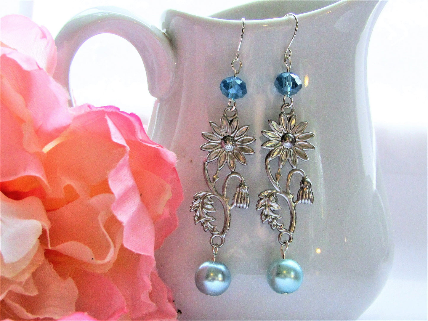 Blue Pearl Flower Dangle Earrings, Bridal Drops