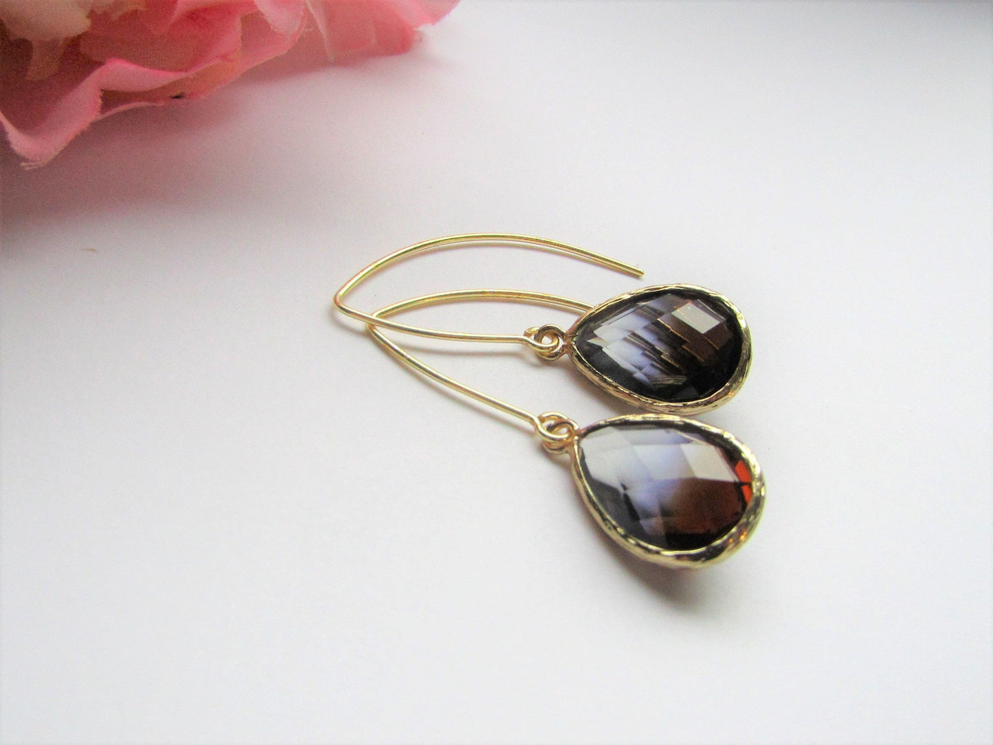 Faceted Glass Teardrop Earrings-Black Graduated Clear-Smokey Gray-Gold Toned-Bridal, Bridesmaid, Black Tie, Dinner Party - Bad Apple Designs Jewelry