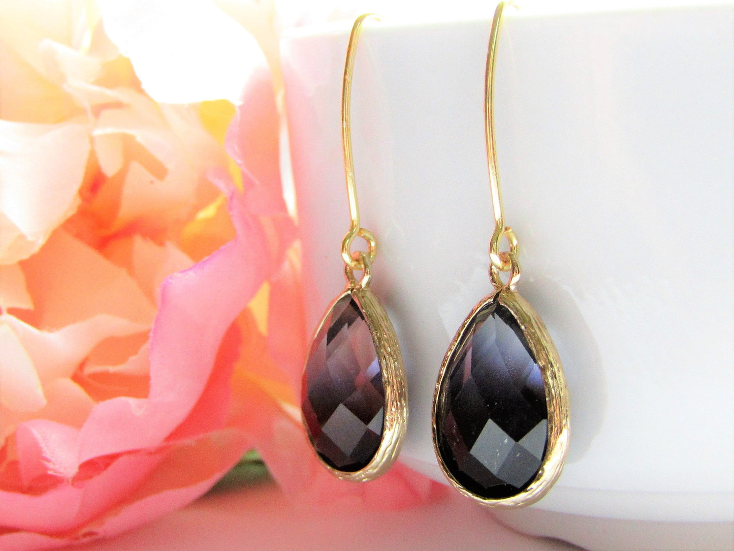 Faceted Glass Teardrop Earrings-Black Graduated Clear-Smokey Gray-Gold Toned-Bridal, Bridesmaid, Black Tie, Dinner Party - Bad Apple Designs Jewelry