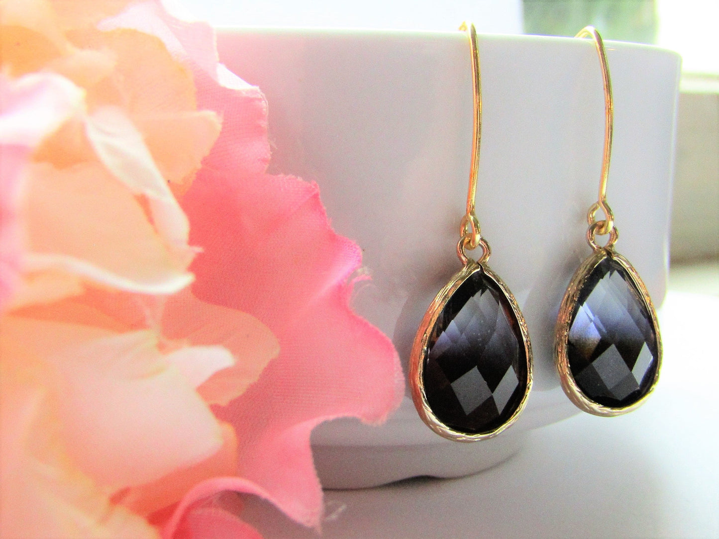 Faceted Glass Teardrop Earrings-Black Graduated Clear-Smokey Gray-Gold Toned-Bridal, Bridesmaid, Black Tie, Dinner Party - Bad Apple Designs Jewelry