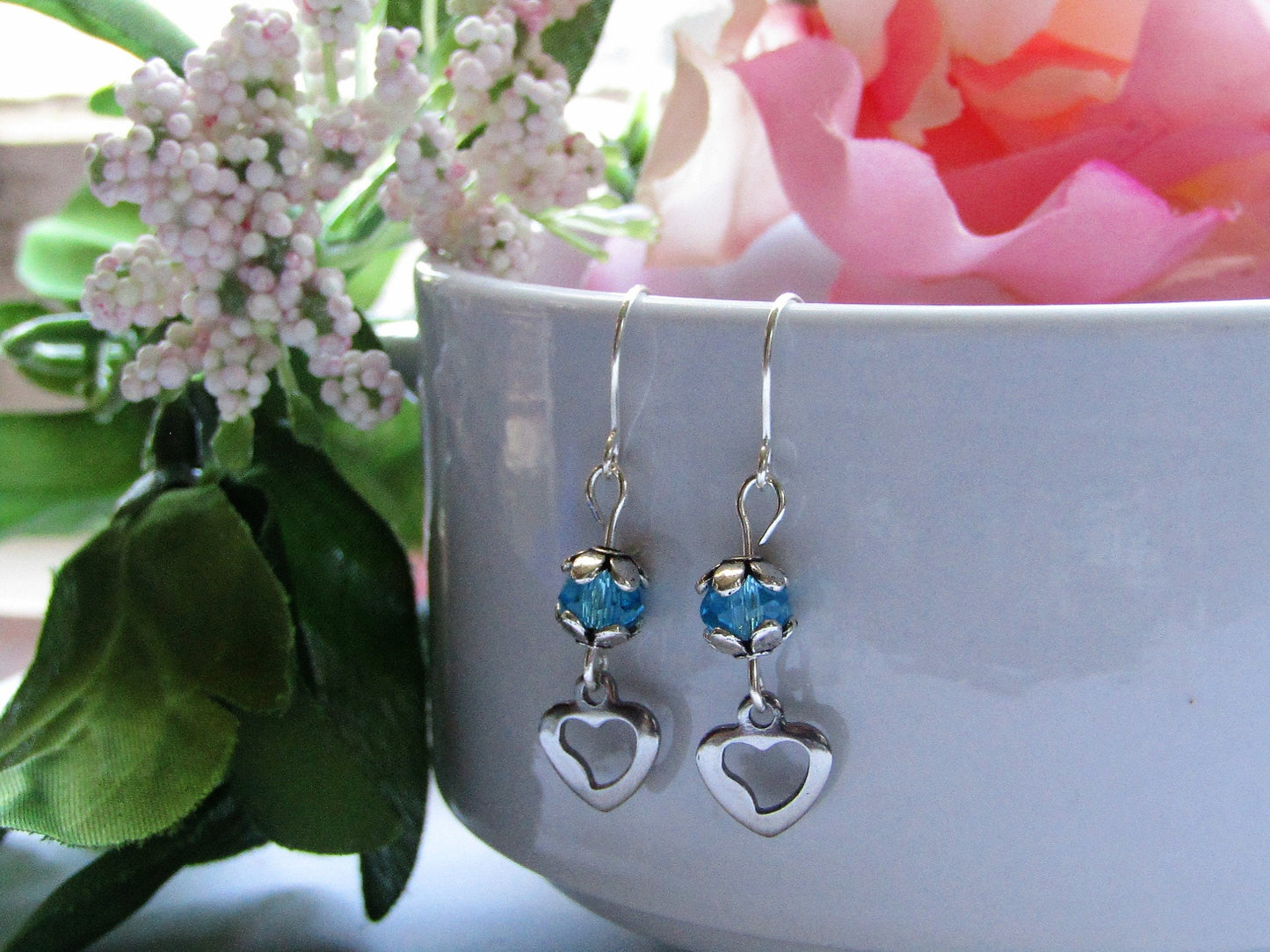 Blue Glass Stainless Steel Heart Charm Silver Dangle Earrings, Valentine's Day Earrings, Heart Earrings, Love Earrings, Valentines Gift - Bad Apple Designs Jewelry