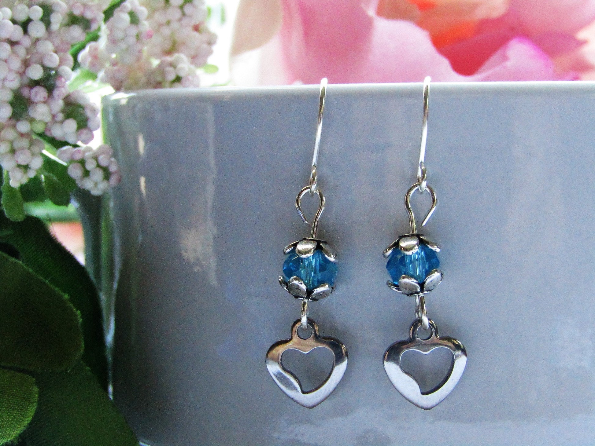 Blue Glass Stainless Steel Heart Charm Silver Dangle Earrings, Valentine's Day Earrings, Heart Earrings, Love Earrings, Valentines Gift - Bad Apple Designs Jewelry