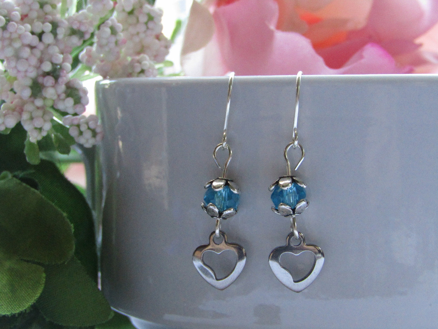 Blue Glass Stainless Steel Heart Charm Silver Dangle Earrings, Valentine's Day Earrings, Heart Earrings, Love Earrings, Valentines Gift - Bad Apple Designs Jewelry