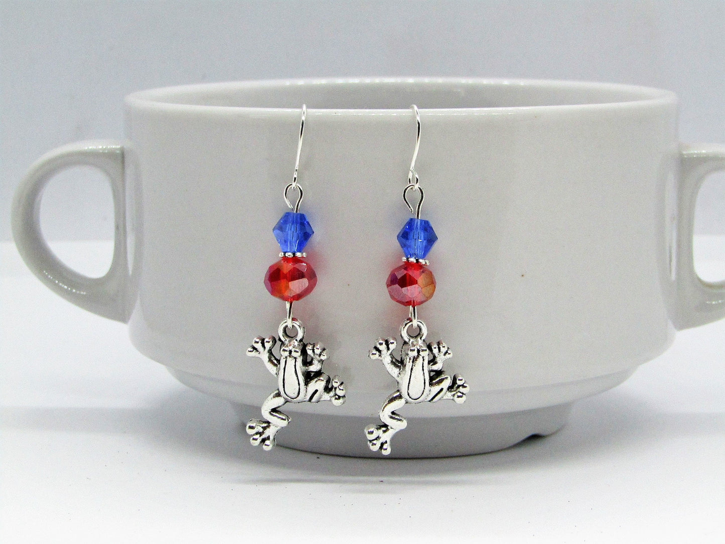 Blue & Red Glass Stainless Steel Frog Charm Silver Dangle Earrings - Bad Apple Designs Jewelry