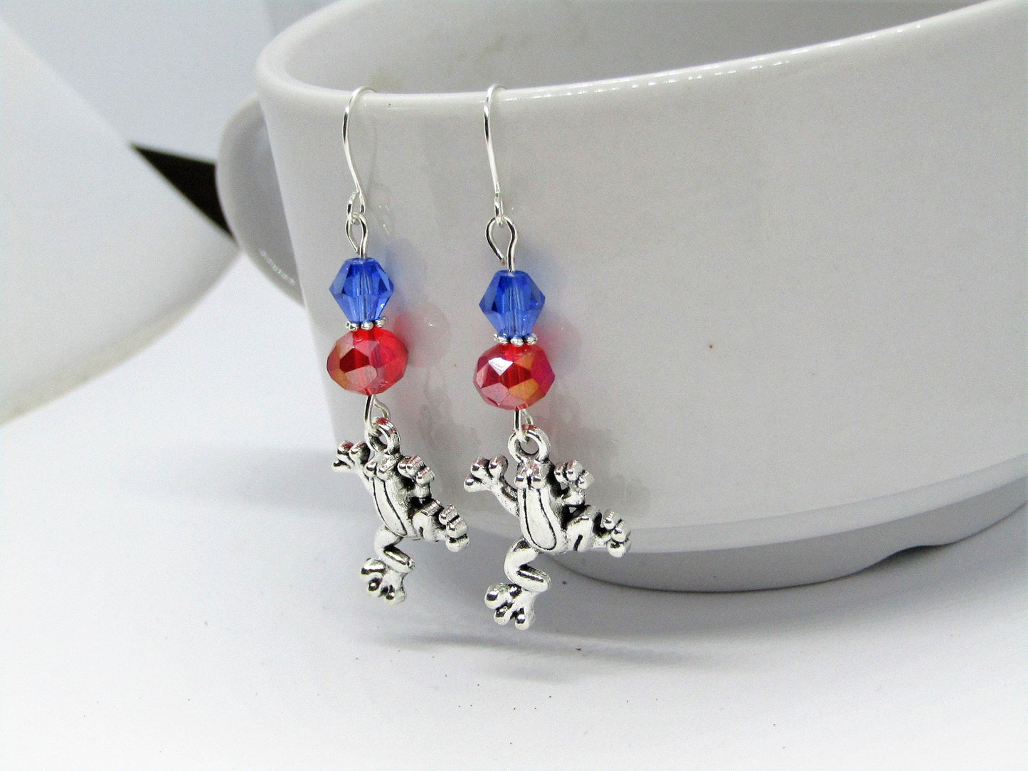 Blue & Red Glass Stainless Steel Frog Charm Silver Dangle Earrings - Bad Apple Designs Jewelry