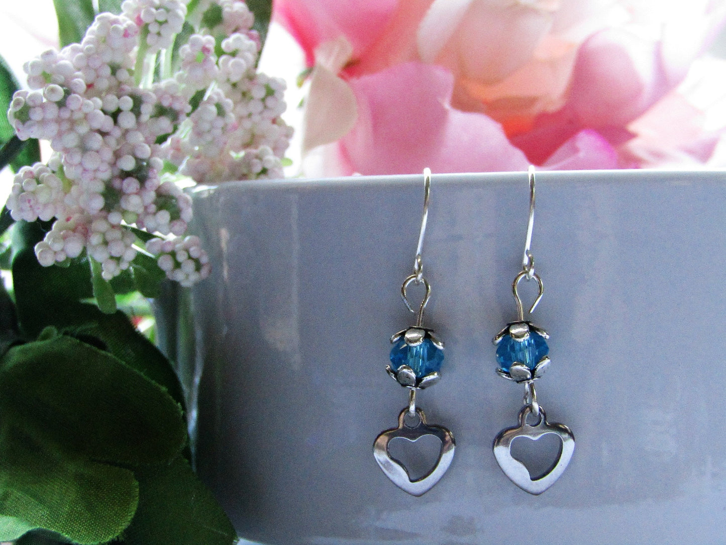 Blue Glass Stainless Steel Heart Charm Silver Dangle Earrings, Valentine's Day Earrings, Heart Earrings, Love Earrings, Valentines Gift - Bad Apple Designs Jewelry