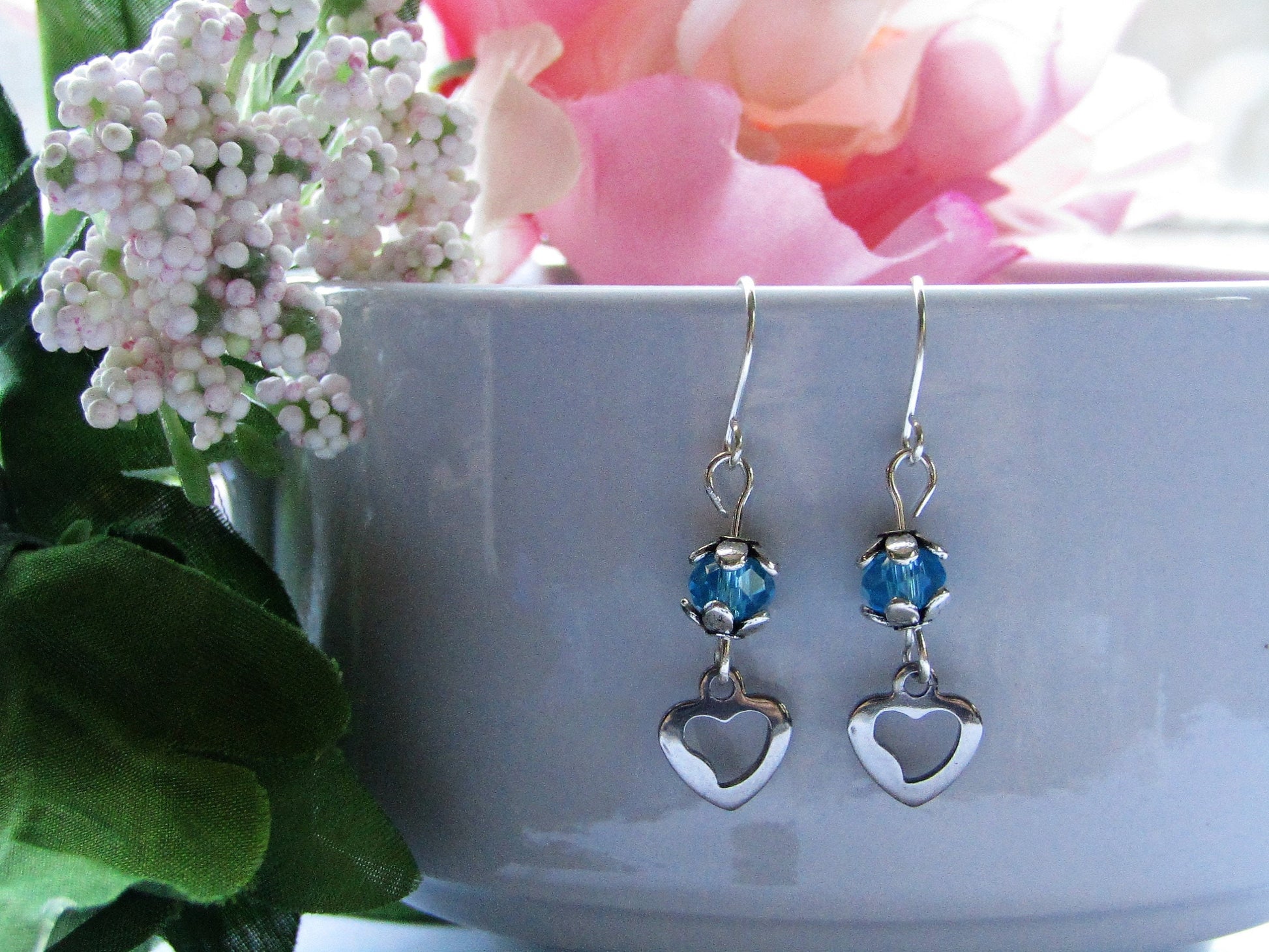 Blue Glass Stainless Steel Heart Charm Silver Dangle Earrings, Valentine's Day Earrings, Heart Earrings, Love Earrings, Valentines Gift - Bad Apple Designs Jewelry