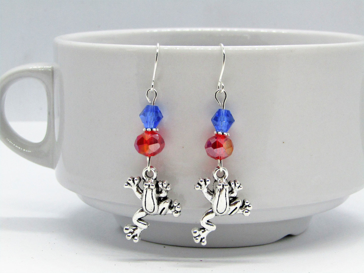 Blue & Red Glass Stainless Steel Frog Charm Silver Dangle Earrings - Bad Apple Designs Jewelry