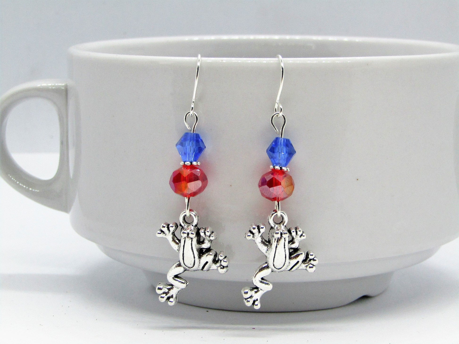 Blue & Red Glass Stainless Steel Frog Charm Silver Dangle Earrings - Bad Apple Designs Jewelry