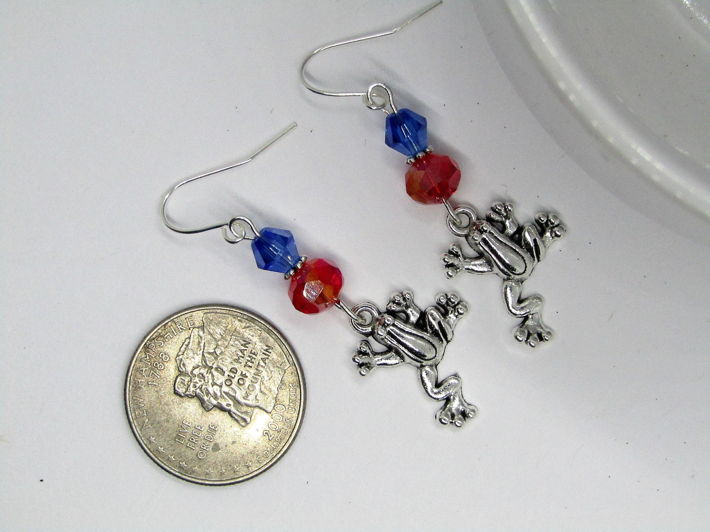 Blue & Red Glass Stainless Steel Frog Charm Silver Dangle Earrings - Bad Apple Designs Jewelry