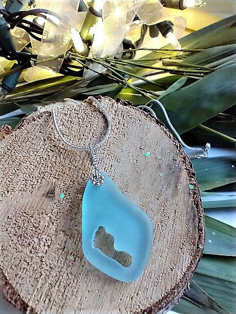 Blue Seaglass Footprint Pendant Silver Snake Chain Necklace-18"