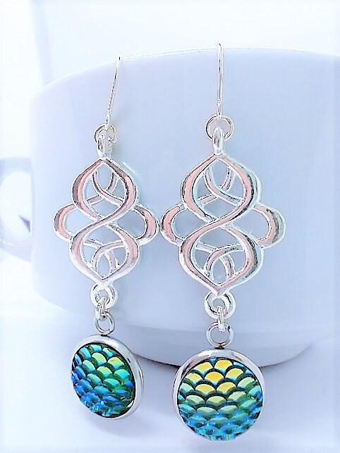 Blue/Green Mermaid Scale Silver Earrings By Bad Apple Designs-Gift For Her-Minimalist Earrings