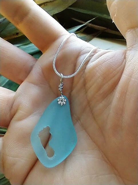 Blue Seaglass Footprint Pendant Silver Snake Chain Necklace-18"