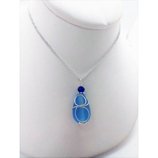 Cobalt Blue "Loop" Sea Glass Pendant Silver Snake Chain Necklace 18 Inch - Bad Apple Designs Jewelry