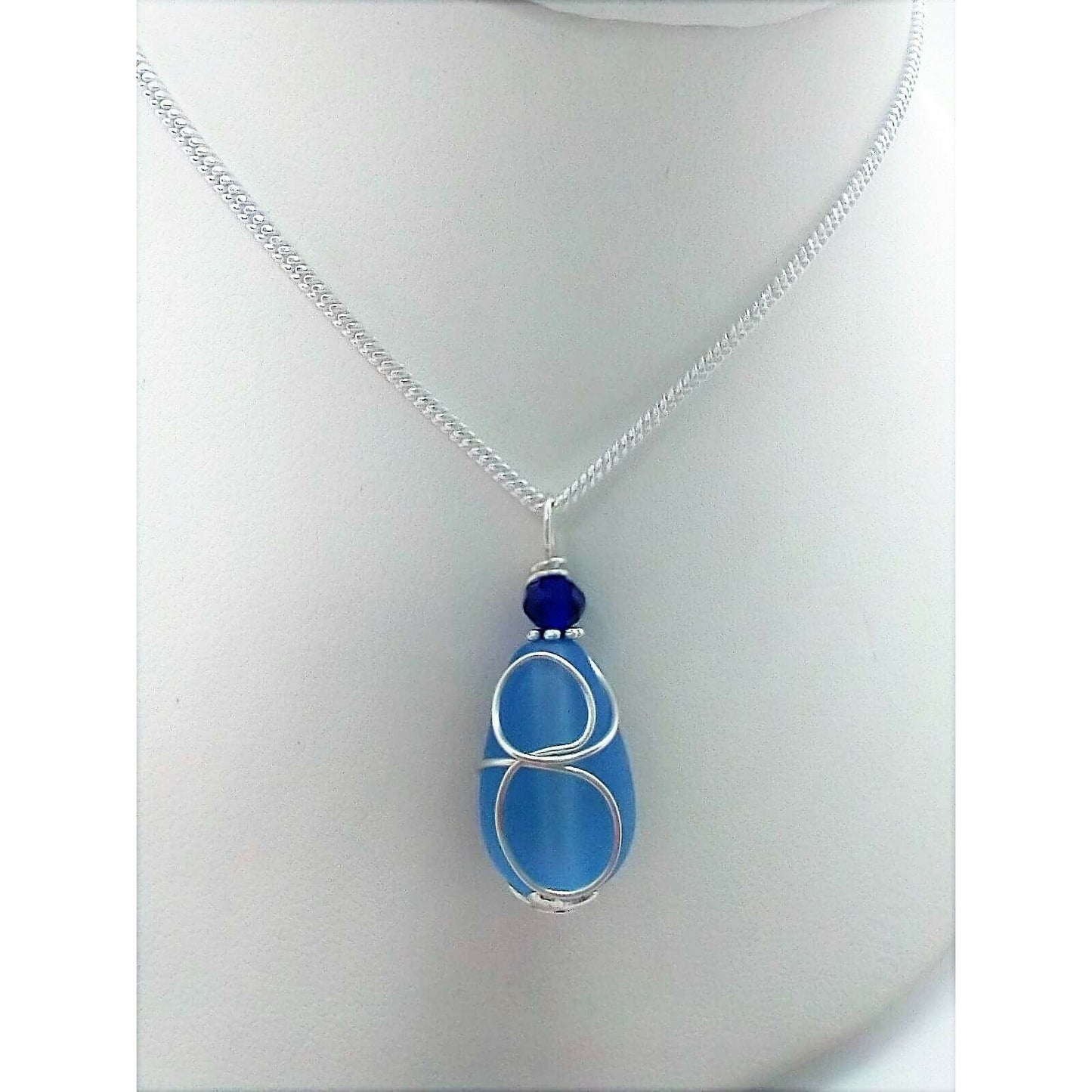 Cobalt Blue "Loop" Sea Glass Pendant Silver Snake Chain Necklace 18 Inch - Bad Apple Designs Jewelry