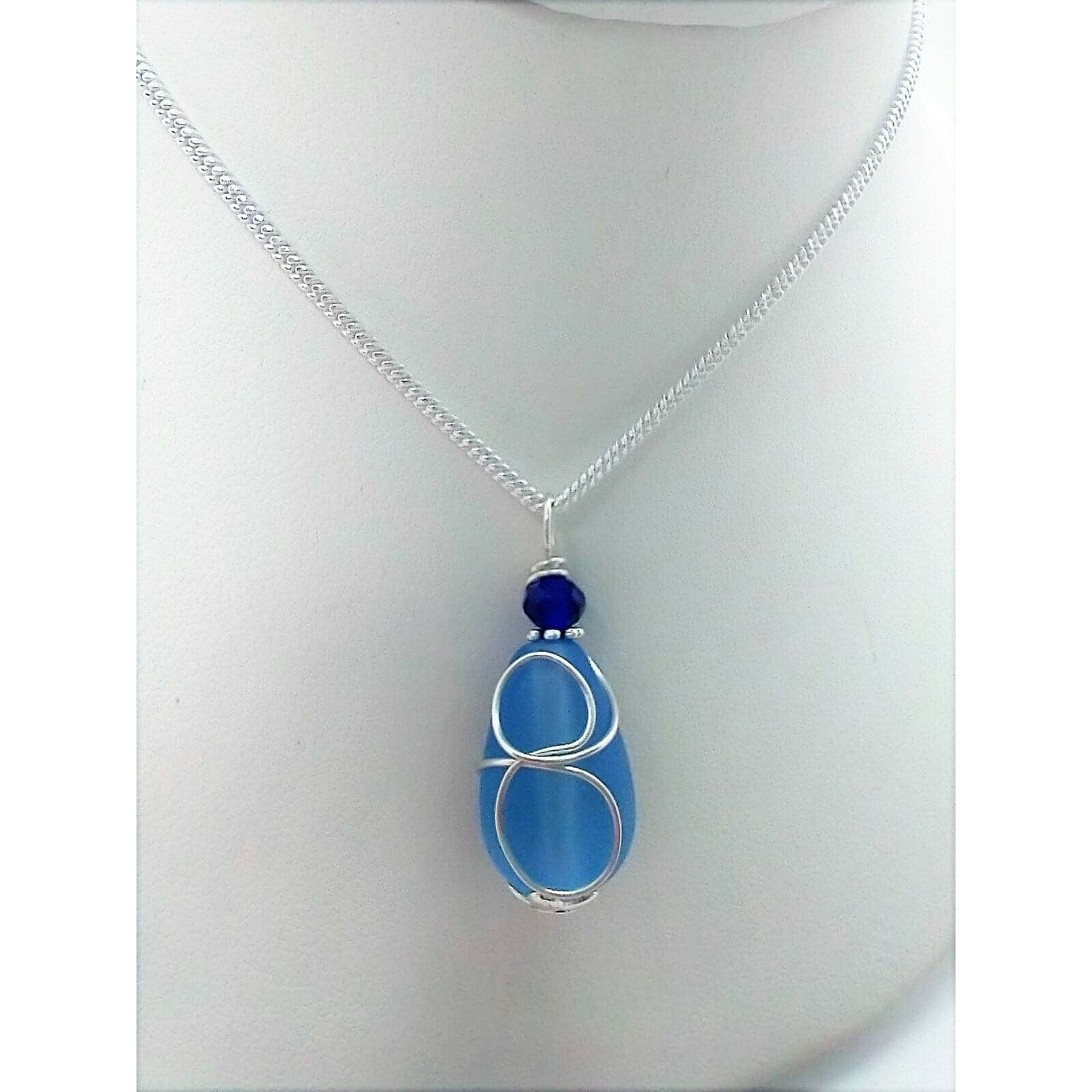 Cobalt Blue "Loop" Sea Glass Pendant Silver Snake Chain Necklace 18 Inch - Bad Apple Designs Jewelry