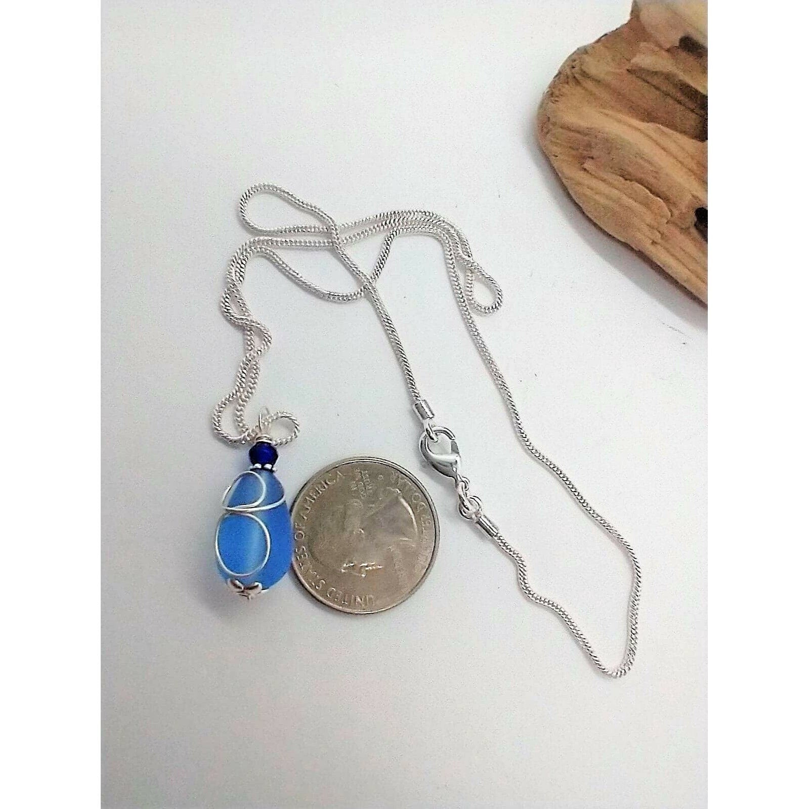 Cobalt Blue "Loop" Sea Glass Pendant Silver Snake Chain Necklace 18 Inch - Bad Apple Designs Jewelry