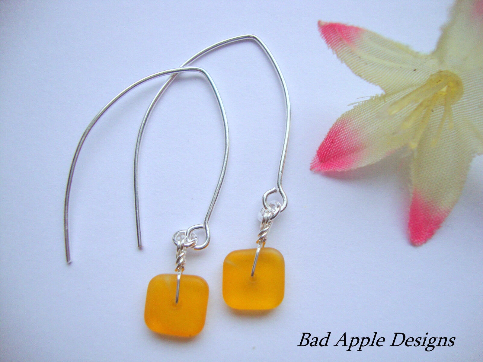 Flat, Forward-Facing, Dainty Frosted Sea Glass Silver Marquise Earrings, Minimalist Jewelry - Bad Apple Designs Jewelry