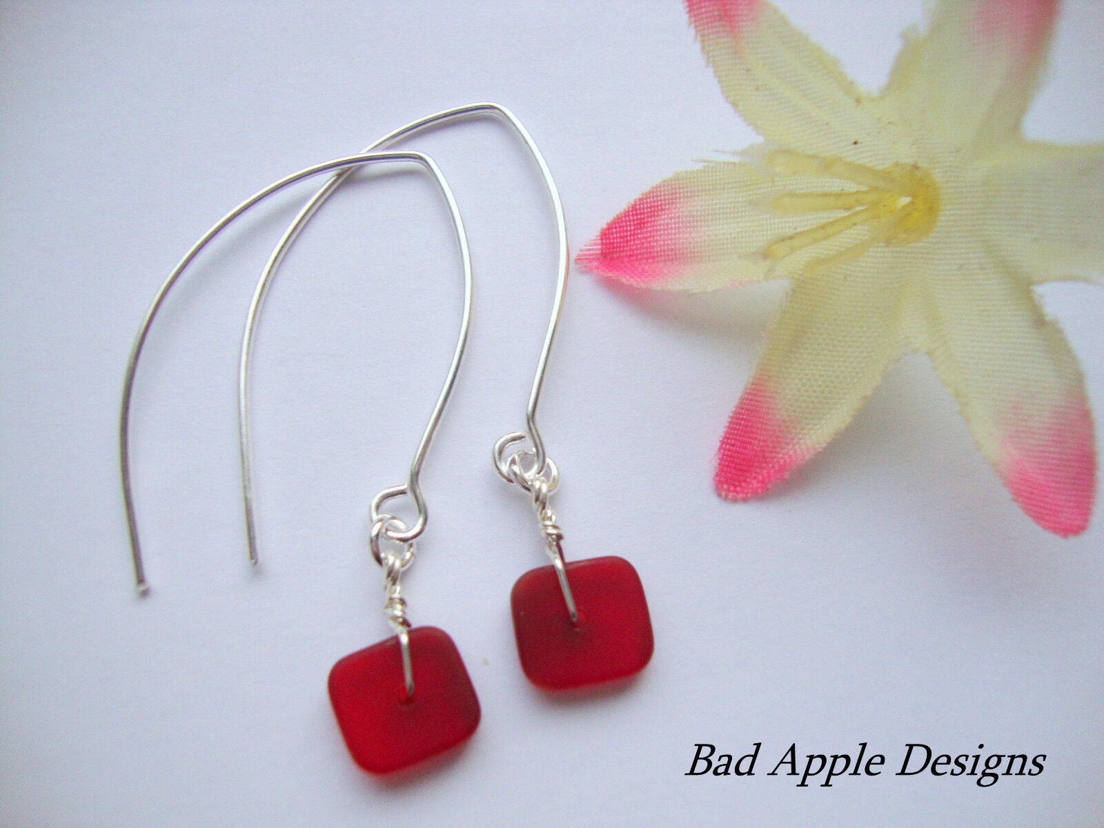 Flat, Forward-Facing, Dainty Frosted Sea Glass Silver Marquise Earrings, Minimalist Jewelry - Bad Apple Designs Jewelry