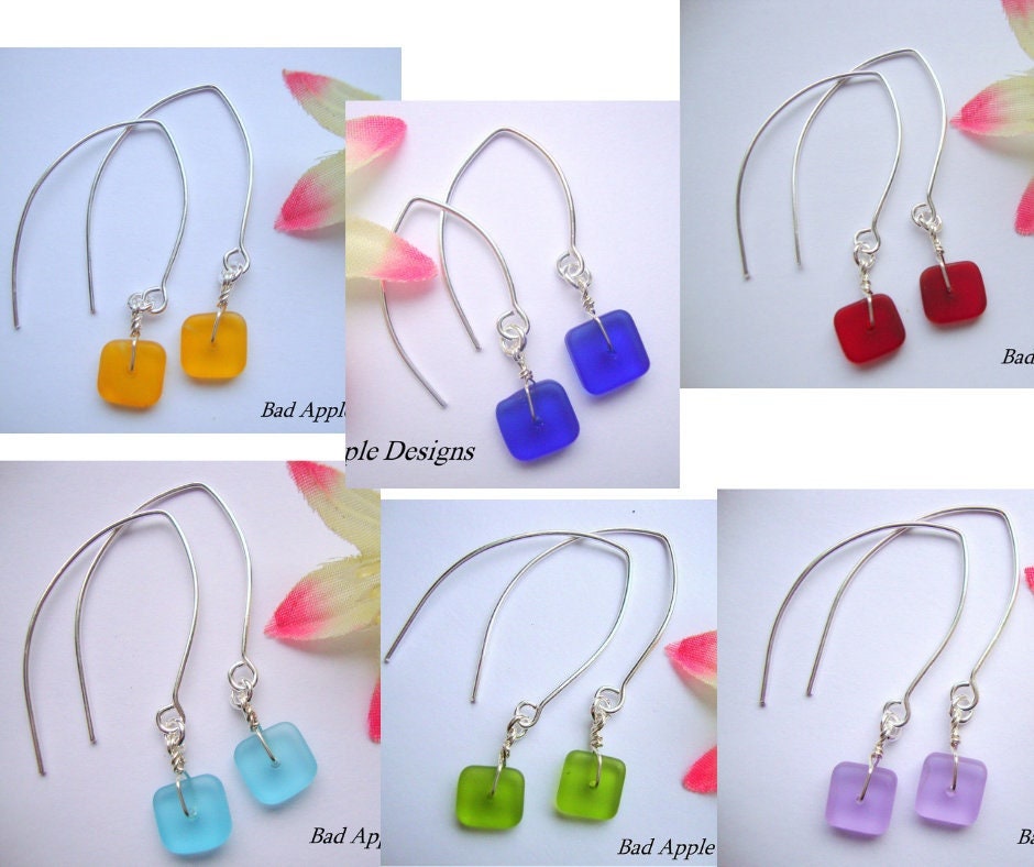 Flat, Forward-Facing, Dainty Frosted Sea Glass Silver Marquise Earrings, Minimalist Jewelry - Bad Apple Designs Jewelry
