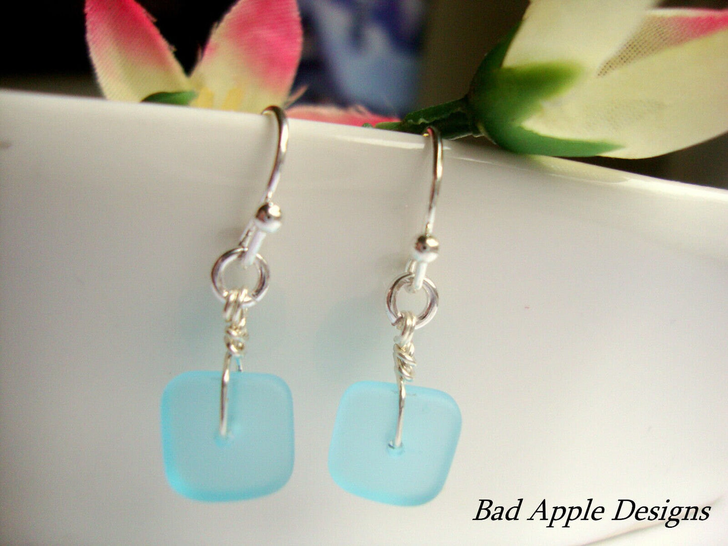 Flat, Forward-Facing, Dainty Frosted Sea Glass .925 Sterling Silver Dangle Earrings, Minimalist Jewelry-Beach Bridal Fashion, Gift For Her - Bad Apple Designs Jewelry