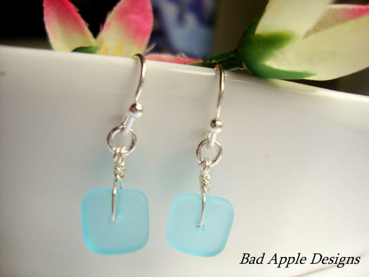Flat, Forward-Facing, Dainty Frosted Sea Glass .925 Sterling Silver Dangle Earrings, Minimalist Jewelry-Beach Bridal Fashion, Gift For Her - Bad Apple Designs Jewelry