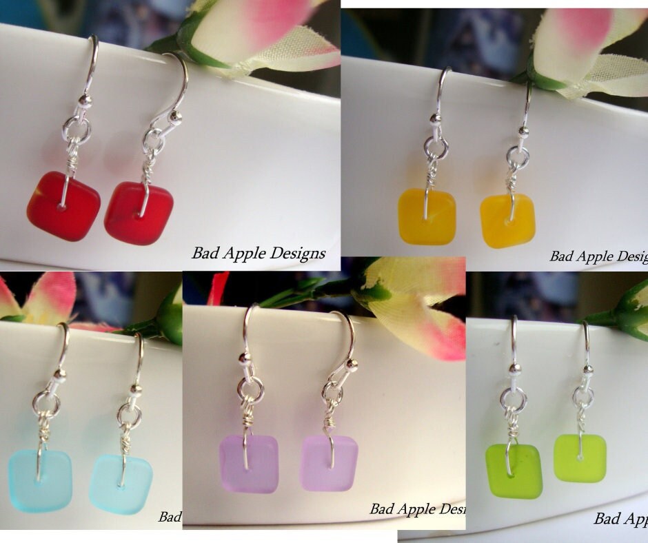 Flat, Forward-Facing, Dainty Frosted Sea Glass .925 Sterling Silver Dangle Earrings, Minimalist Jewelry-Beach Bridal Fashion, Gift For Her - Bad Apple Designs Jewelry