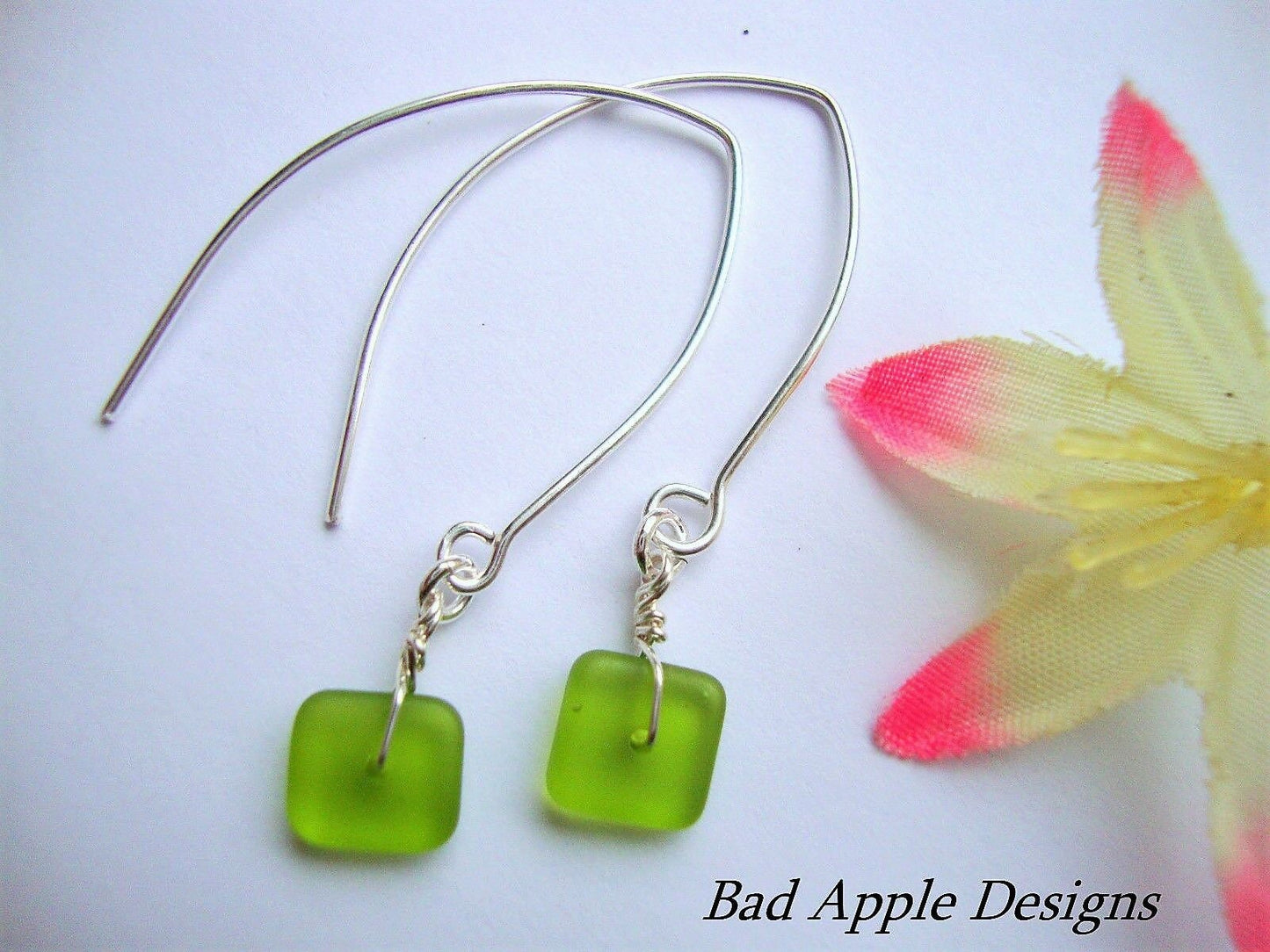 Flat, Forward-Facing, Dainty Frosted Sea Glass Silver Marquise Earrings, Minimalist Jewelry - Bad Apple Designs Jewelry