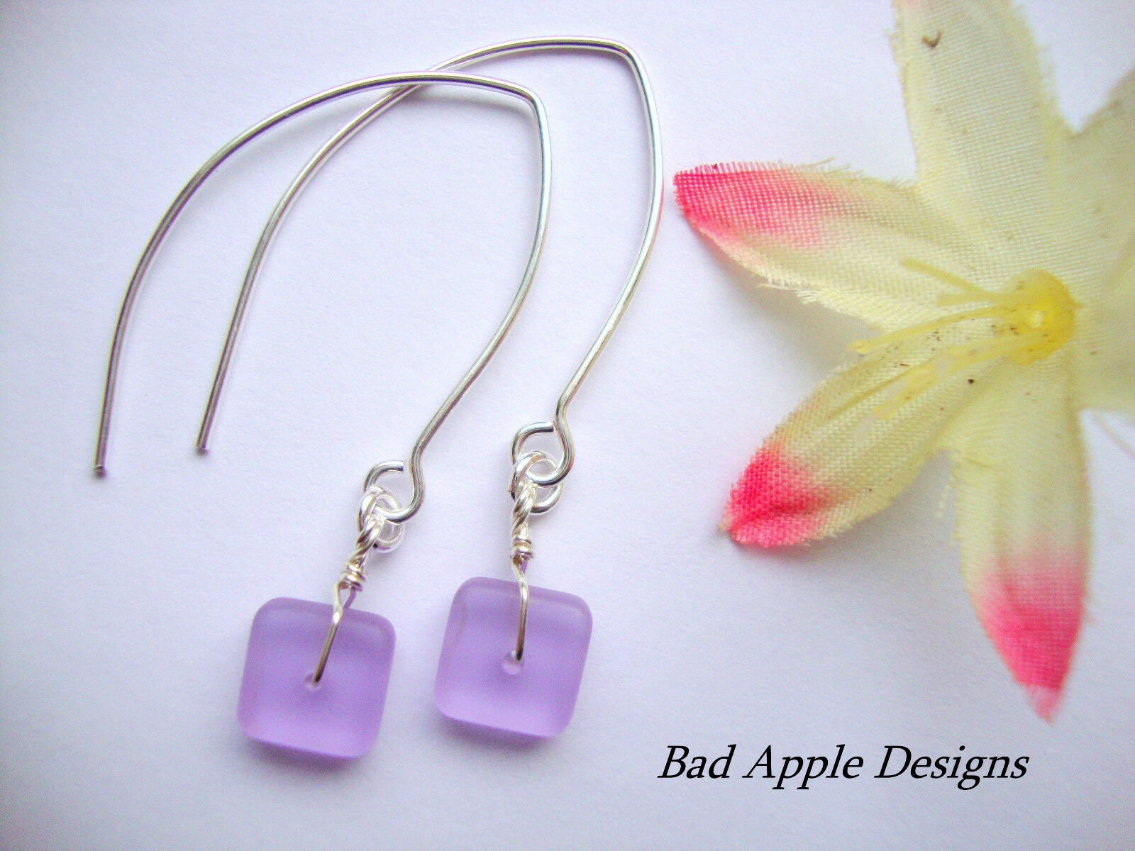 Flat, Forward-Facing, Dainty Frosted Sea Glass Silver Marquise Earrings, Minimalist Jewelry - Bad Apple Designs Jewelry