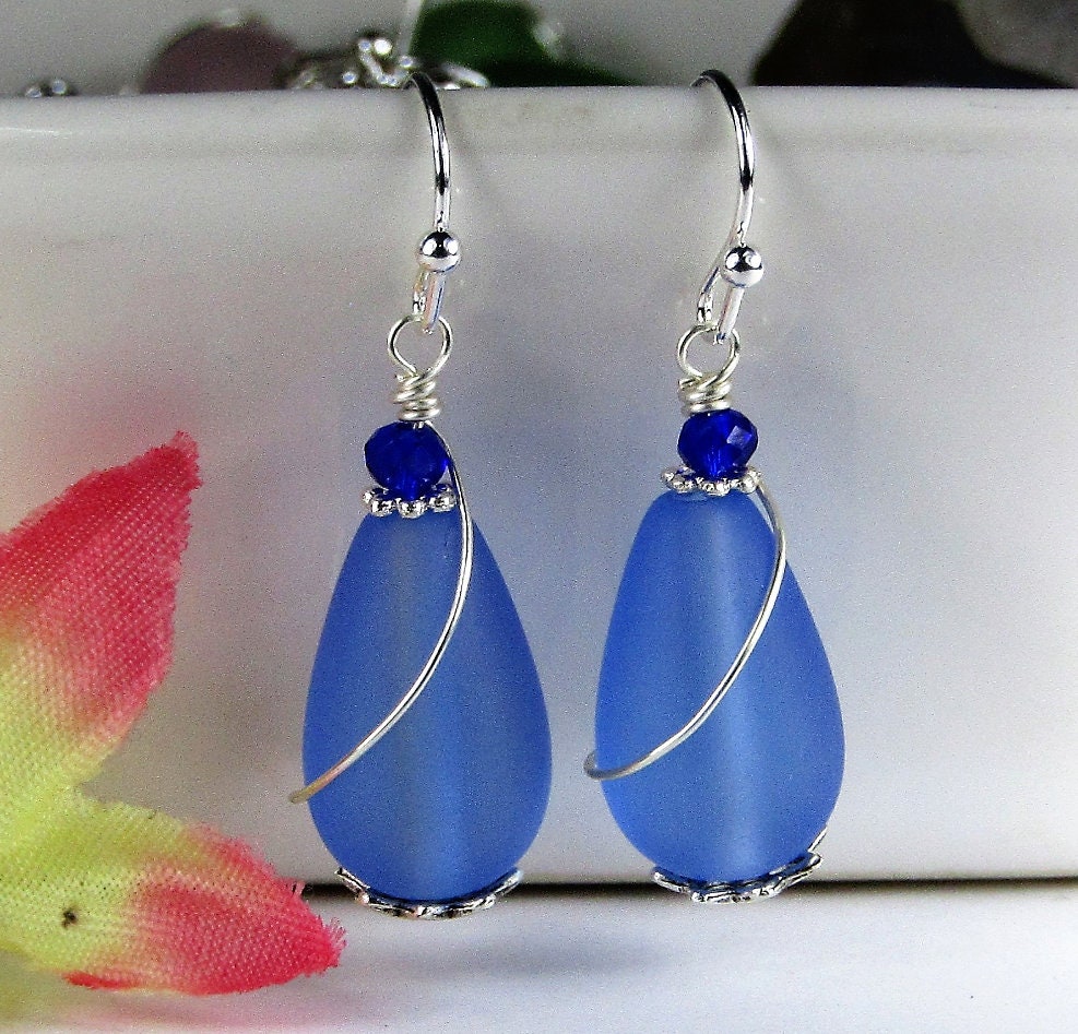 925 Sterling Silver Teardrop-Shaped Frosted Sea Glass Silver Swirl Wire Ladies Dangle Earrings- Ocean Beach Jewelry, Beach Wedding - Bad Apple Designs Jewelry