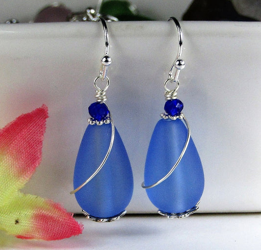 925 Sterling Silver Teardrop-Shaped Frosted Sea Glass Silver Swirl Wire Ladies Dangle Earrings- Ocean Beach Jewelry, Beach Wedding - Bad Apple Designs Jewelry