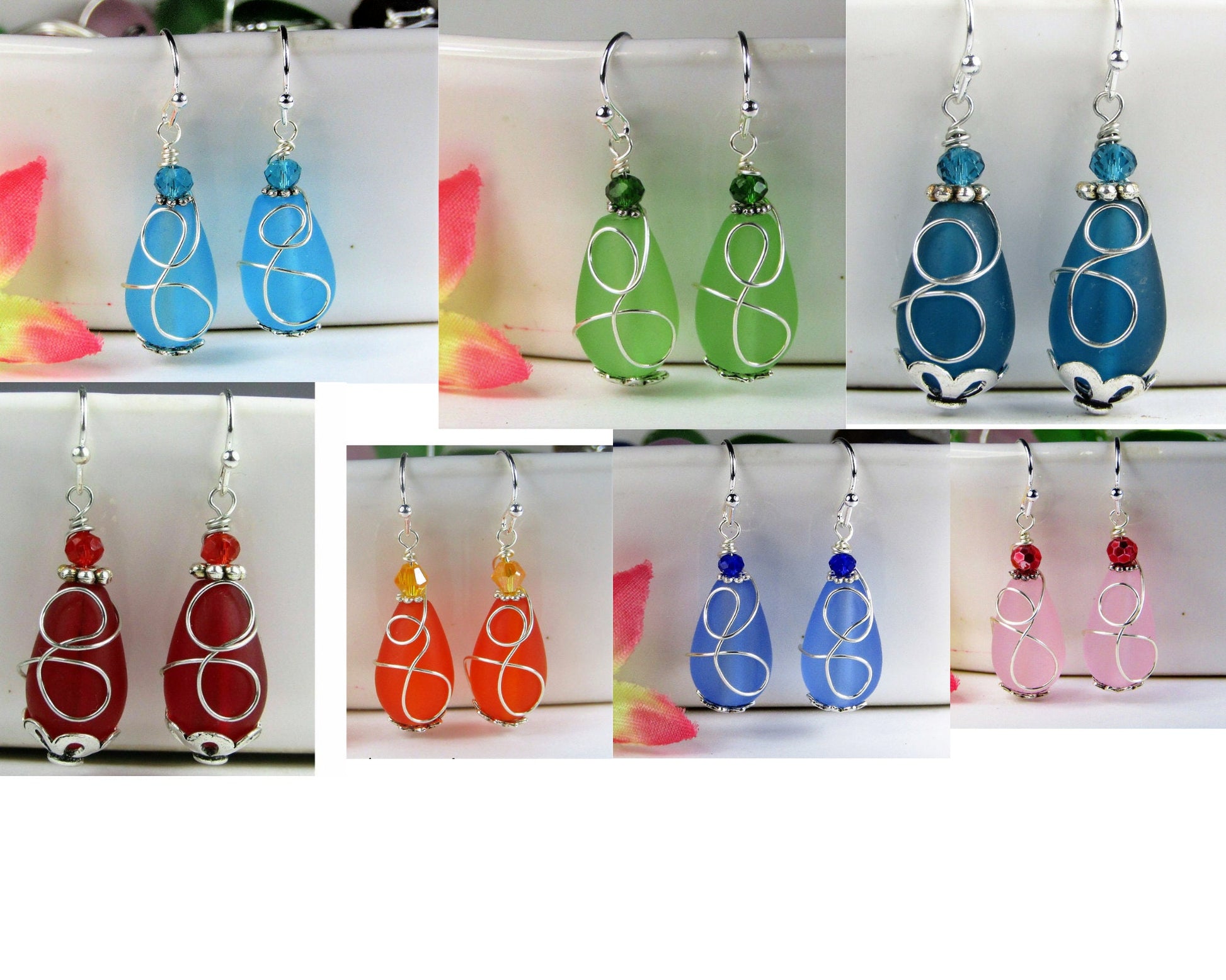 Cobalt Blue Sea Glass Earrings, Wire Wrap Sea Foam Sea Glass Earrings, Tear Drop Dangling Ear Rings, Eco & Allergy Free Beachy Jewelry - Bad Apple Designs Jewelry
