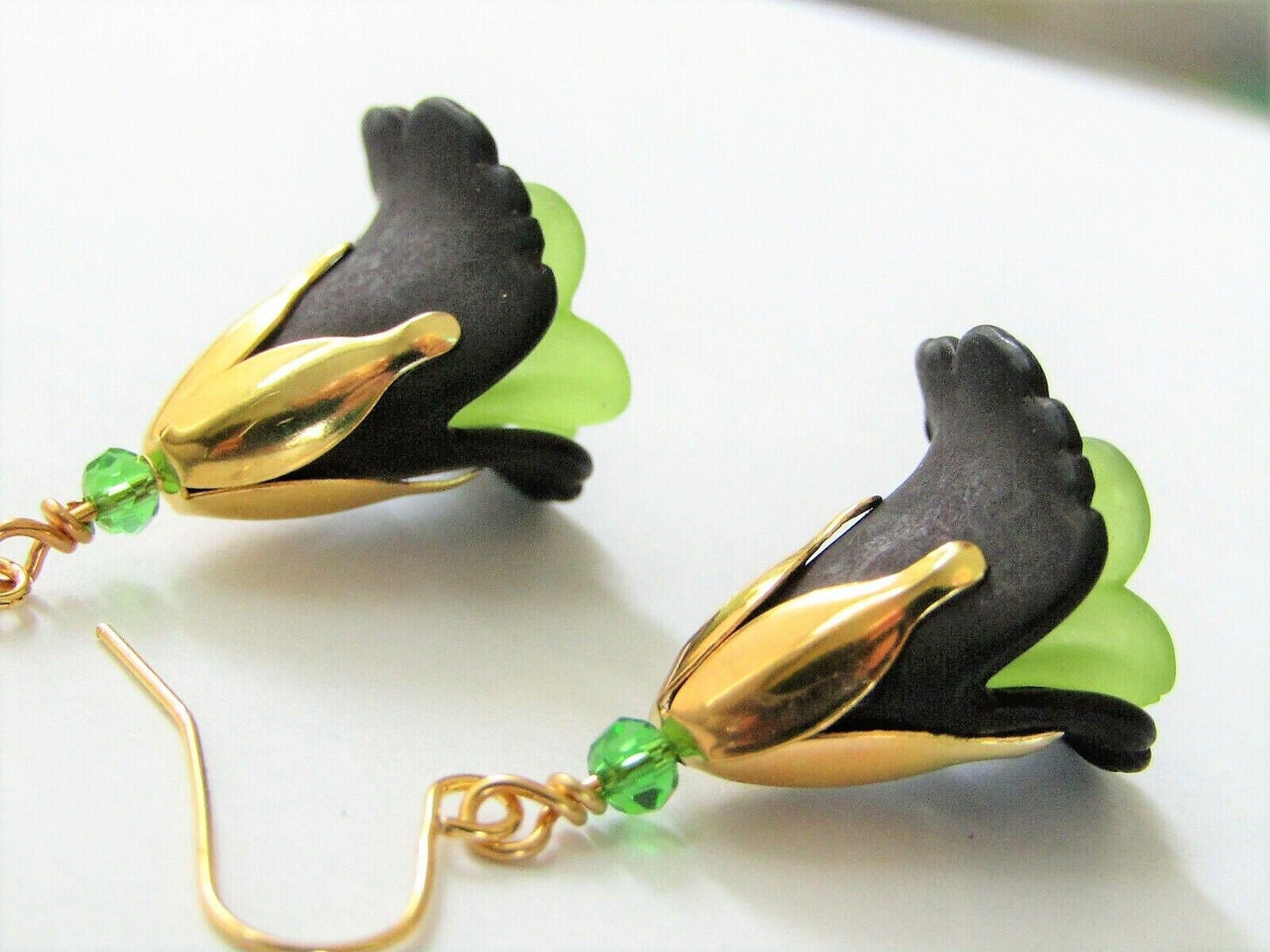 Black Acrylic Flower Gold Dangle Earrings, Floral Fashion Jewelry - Bad Apple Designs Jewelry
