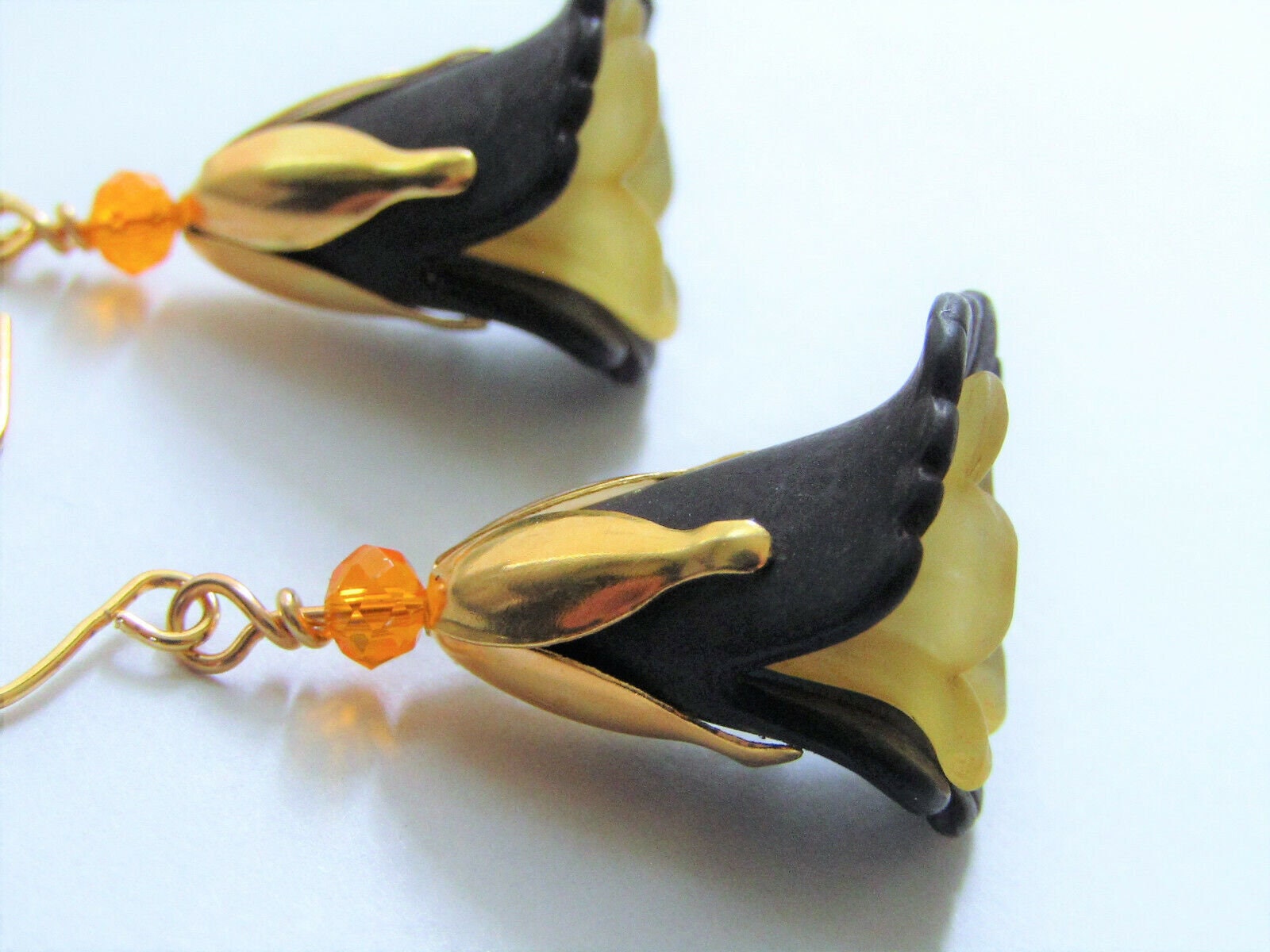 Black Acrylic Flower Gold Dangle Earrings, Floral Fashion Jewelry - Bad Apple Designs Jewelry