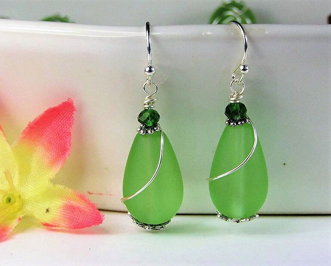 925 Sterling Silver Teardrop-Shaped Frosted Sea Glass Silver Swirl Wire Ladies Dangle Earrings- Ocean Beach Jewelry, Beach Wedding - Bad Apple Designs Jewelry