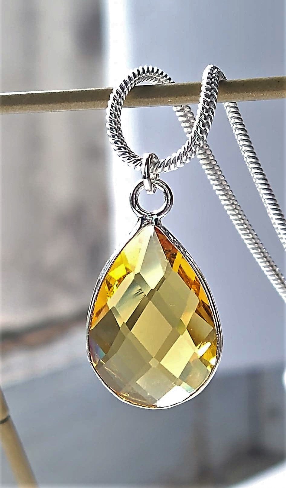Faceted Glass Drop, Silver 18 Inch Snake Chain Necklace, Bridesmaid, Birthstone, Dainty Necklace, Minimalist Pendant, Gift For Her