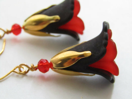 Black Acrylic Flower Gold Dangle Earrings, Floral Fashion Jewelry, Bridal Earrings, Garden Party Drops, Gift For Nature Lover, Victorian