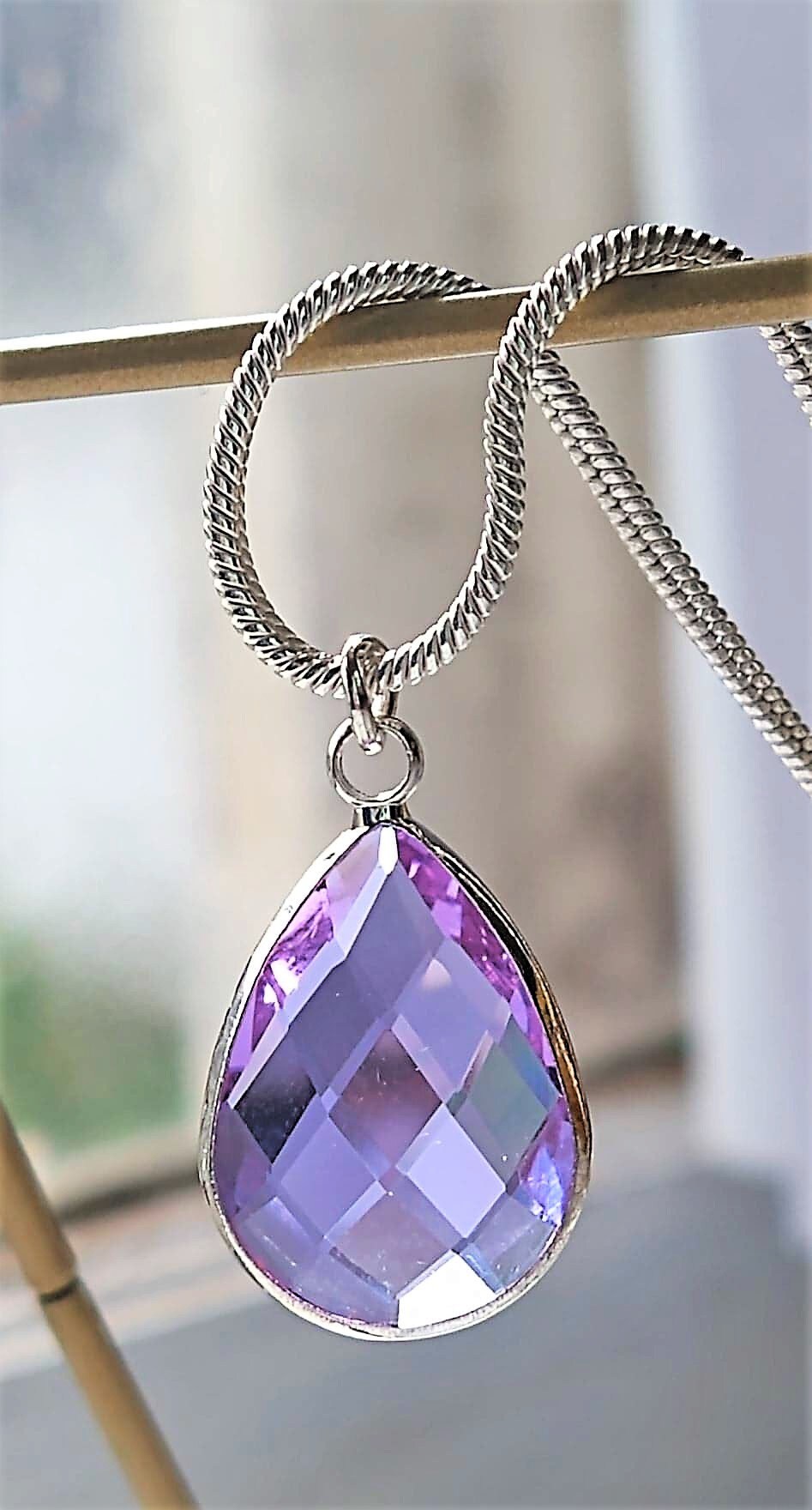 Faceted Glass Drop, Silver 18 Inch Snake Chain Necklace, Bridesmaid, Birthstone, Dainty Necklace, Minimalist Pendant, Gift For Her