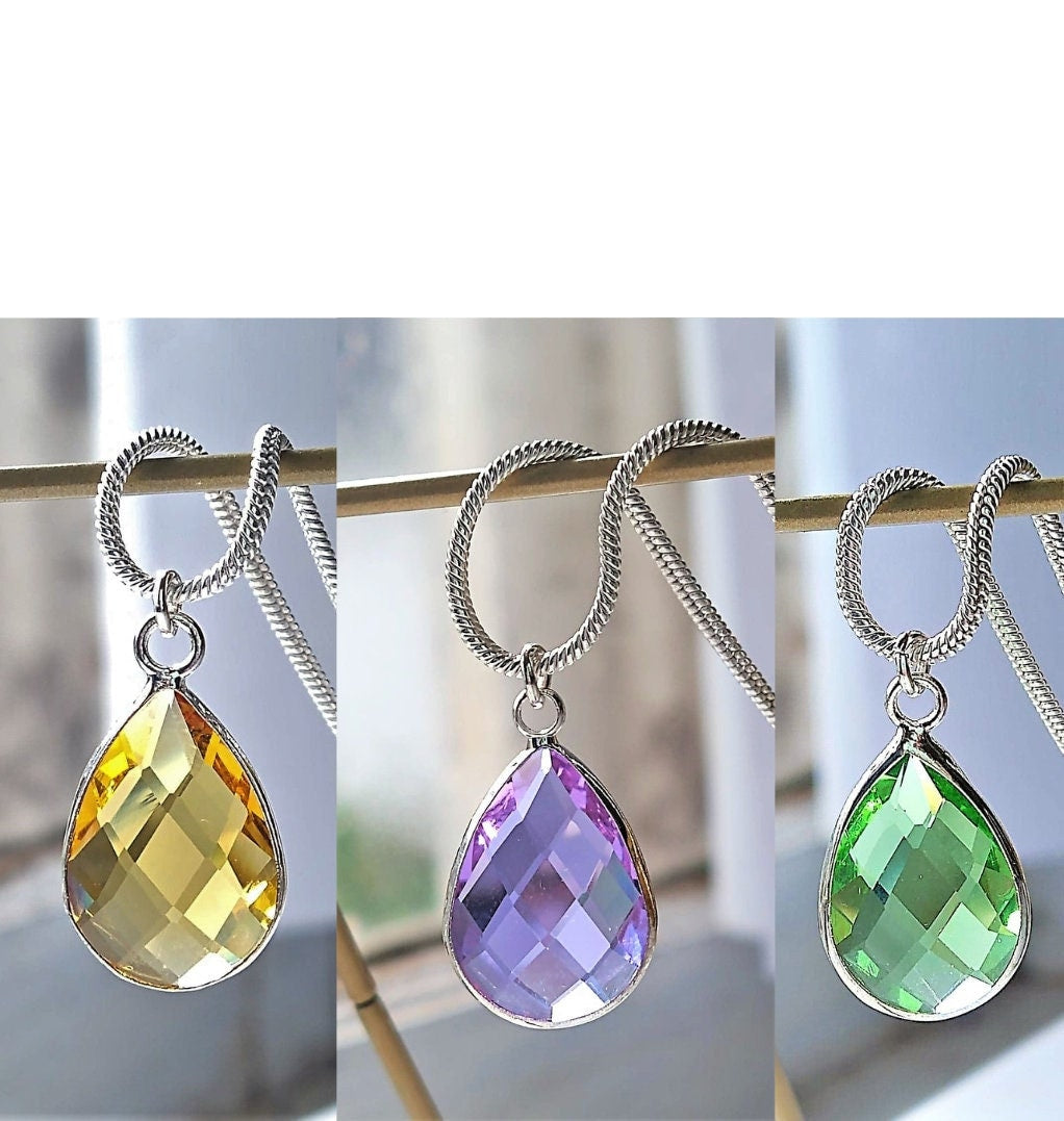 Faceted Glass Drop, Silver 18 Inch Snake Chain Necklace, Bridesmaid, Birthstone, Dainty Necklace, Minimalist Pendant, Gift For Her