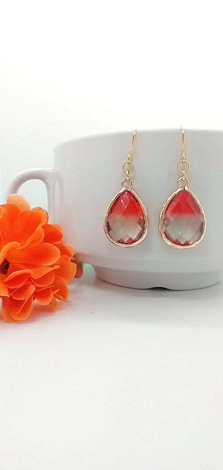 Faceted Red & White Glass, Gold Dangle Earrings- Ladies Fashion Drops- Bridal, Bridesmaid, Gift - Bad Apple Designs Jewelry