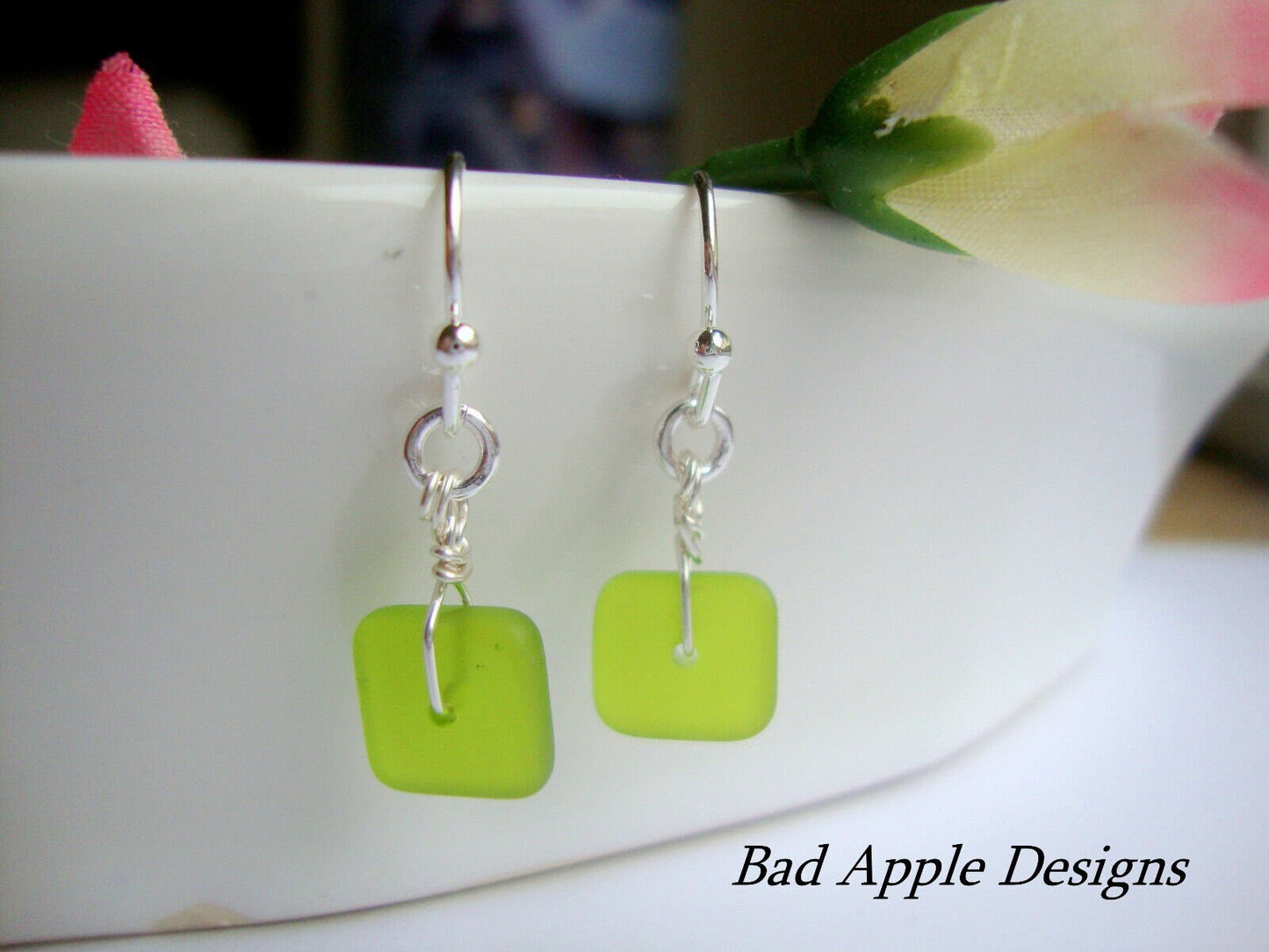 Flat, Forward-Facing, Dainty Frosted Sea Glass .925 Sterling Silver Dangle Earrings, Minimalist Jewelry-Beach Bridal Fashion, Gift For Her - Bad Apple Designs Jewelry