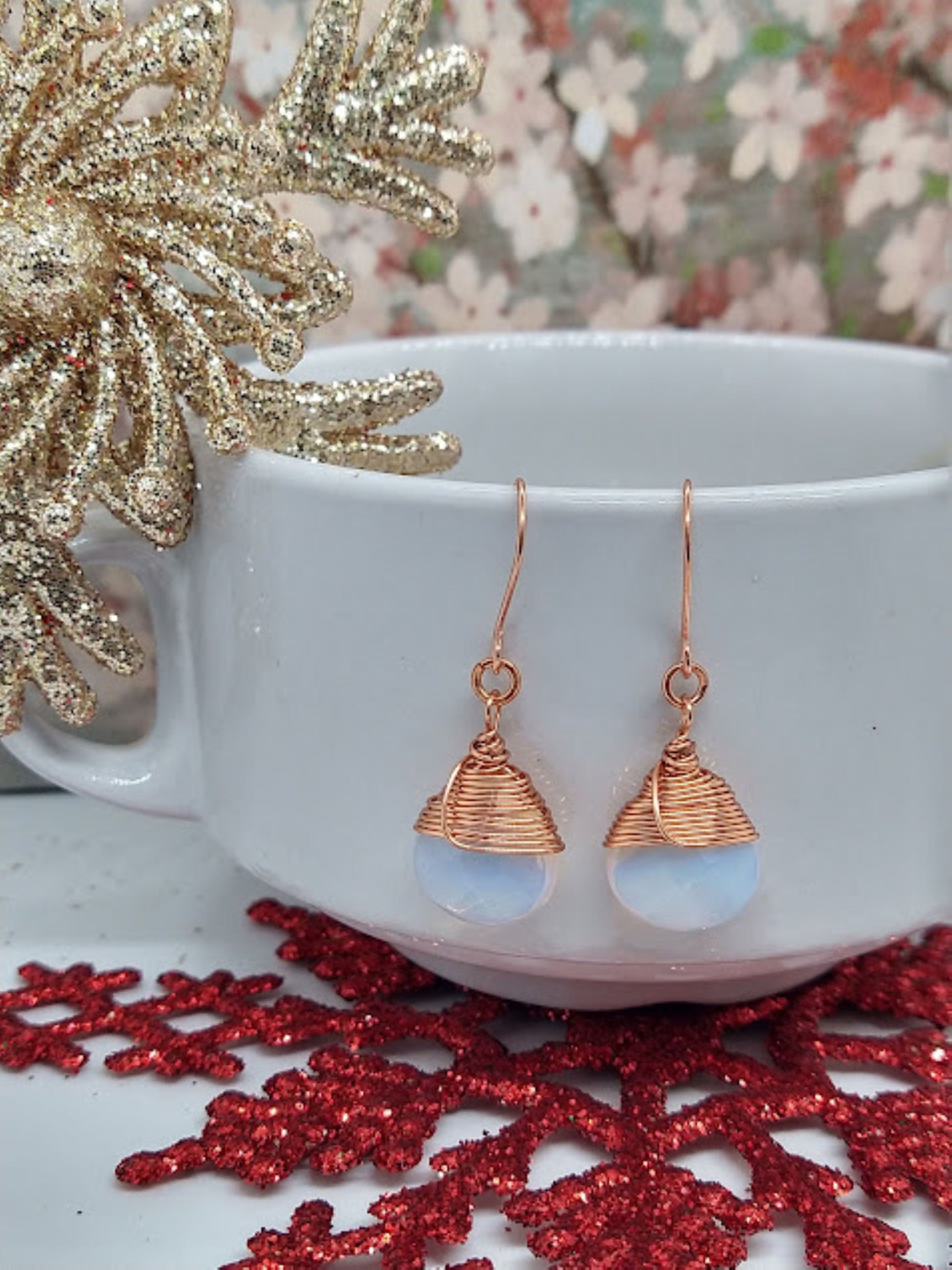 Faceted Teardrop Opalite Gemstone, Bright Copper Dangle Earrings, Small Teardrop Earrings, Gemstone Teardrop Earrings - Bad Apple Designs Jewelry